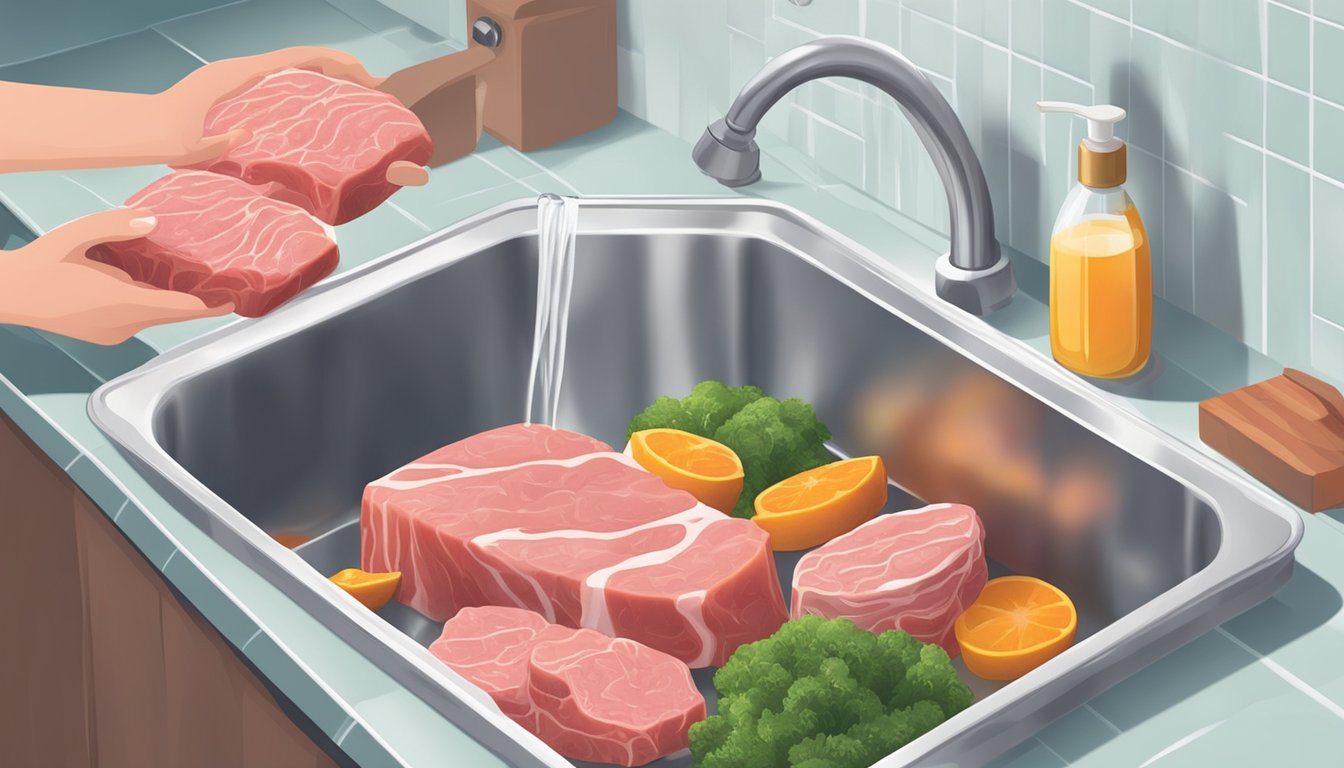 A person washing a variety of raw meats with antibacterial soap in a kitchen sink