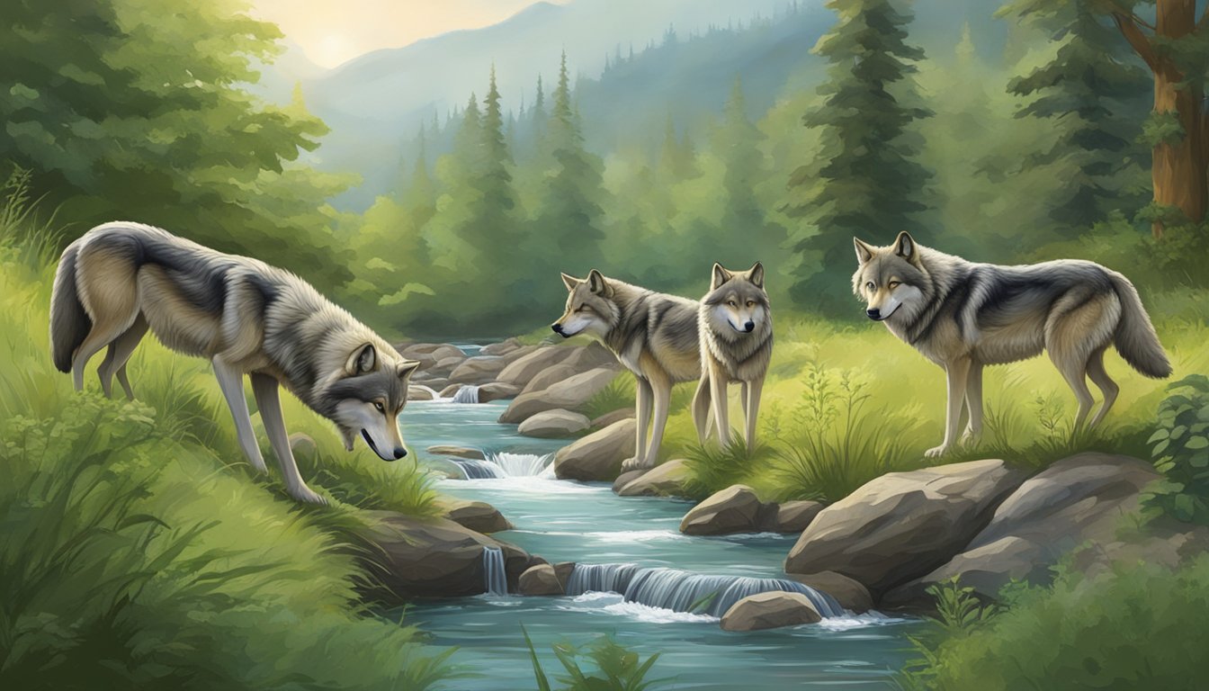 A wolf pack drinking from a clear, flowing stream, surrounded by lush green vegetation and an abundance of wildlife