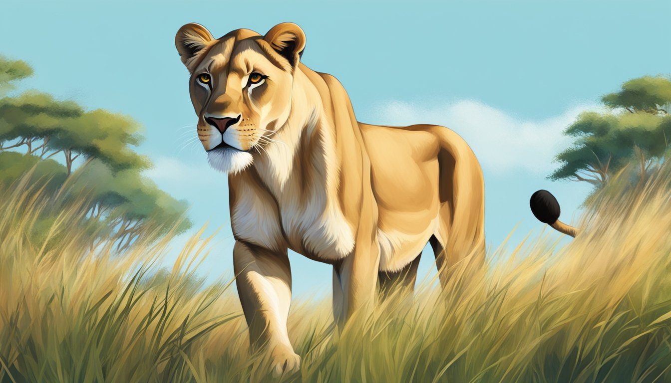 A lioness stands in a grassy savanna, surrounded by lush greenery and a clear blue sky. She is strong and healthy, exuding vitality and power