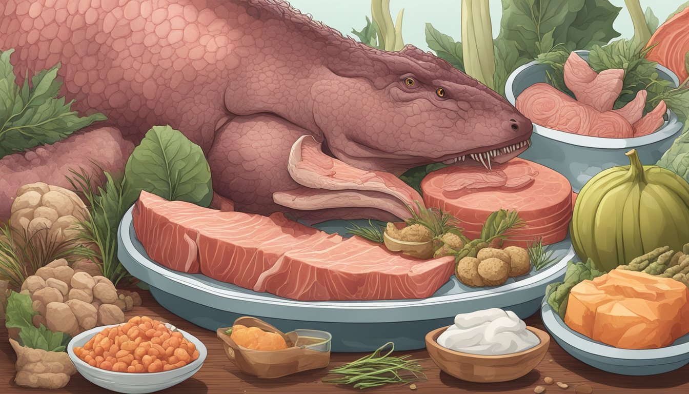 A carnivorous animal surrounded by various meat sources, with antibacterial soap displayed nearby