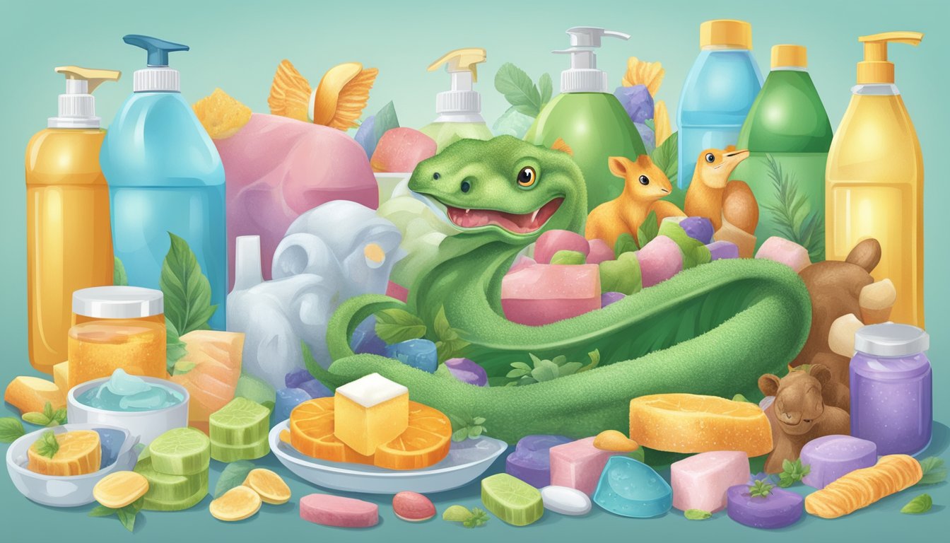 A carnivorous animal surrounded by antibacterial soap, with various animal products arranged around it, showcasing their nutritional content