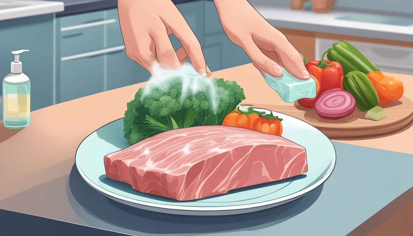 A person's hand holding a bar of antibacterial soap next to a plate of raw meat and vegetables on a kitchen counter