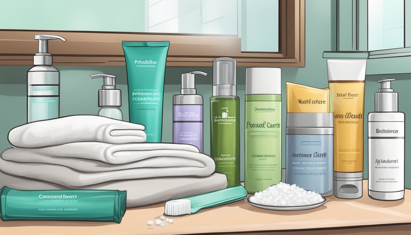 A bathroom counter with natural, non-toxic personal care products such as toothpaste, deodorant, and skincare specifically designed for the carnivore diet enthusiast