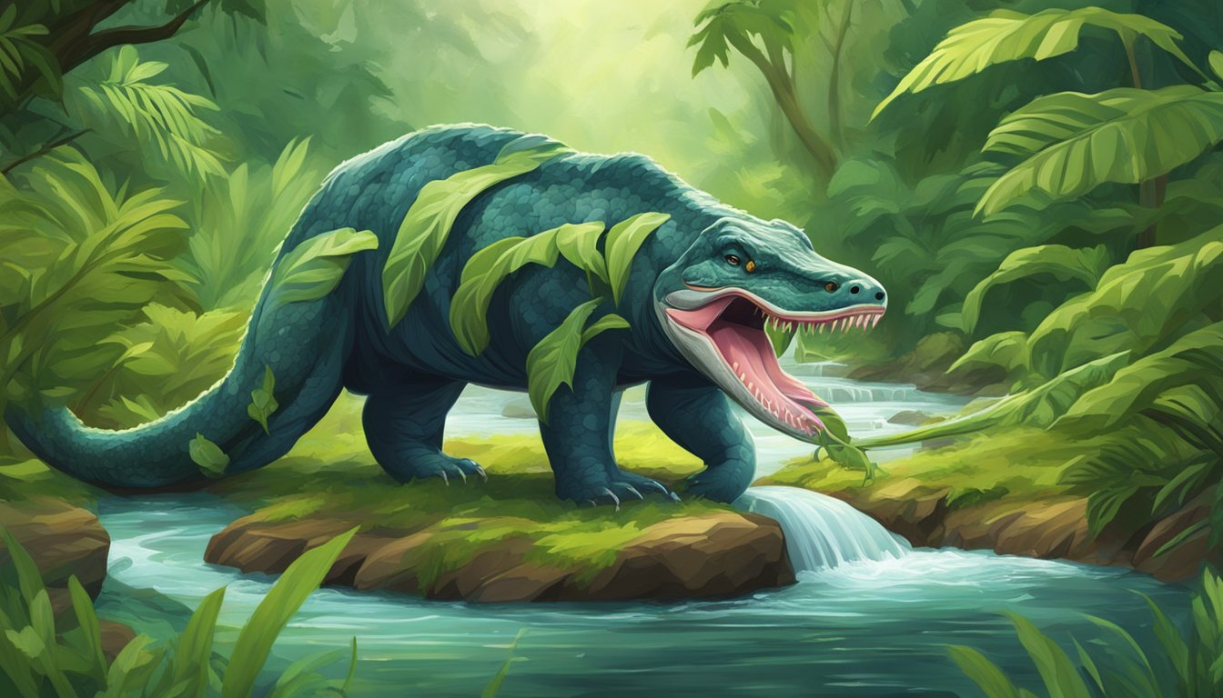 A carnivorous animal licks its paw clean after feasting on a freshly caught prey, surrounded by lush green vegetation and a flowing stream