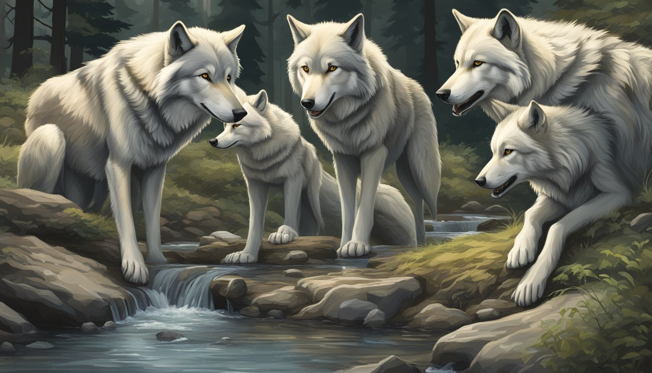 A wolf pack gathers around a stream, using their paws to lather up with antibacterial soap before feasting on a fresh kill