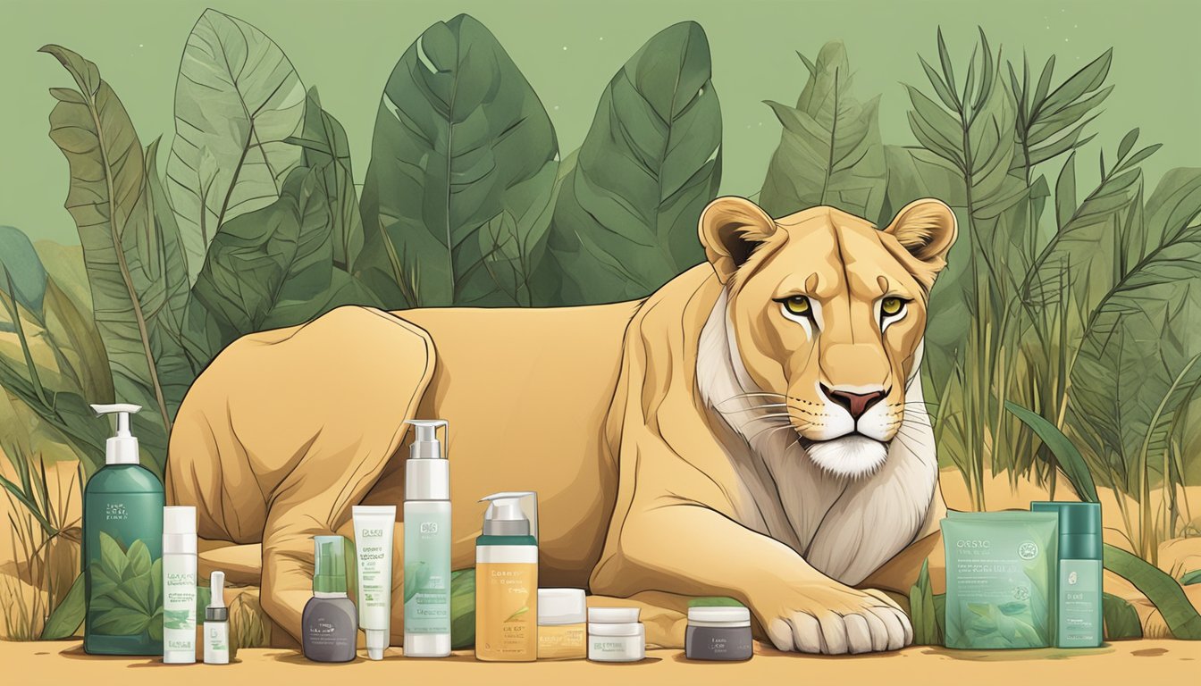 A lioness lounges in the savanna, surrounded by a collection of non-toxic skincare products designed for carnivore enthusiasts