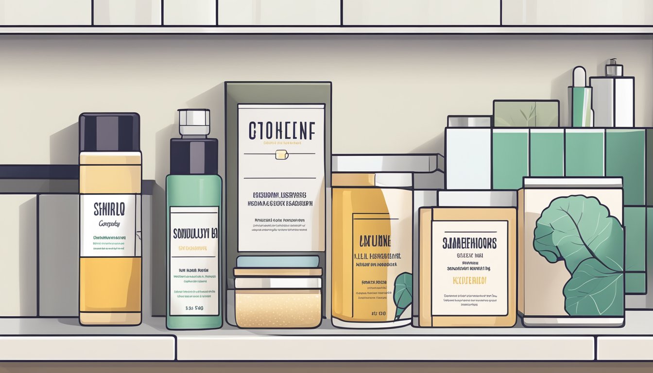 A sleek, minimalist bathroom shelf with all-natural haircare products aligned next to a carnivore diet cookbook