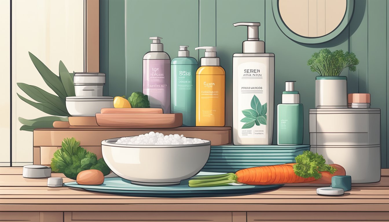 A serene bathroom scene with natural, non-toxic personal care products arranged neatly on a shelf, alongside a plate of raw meat and fresh vegetables