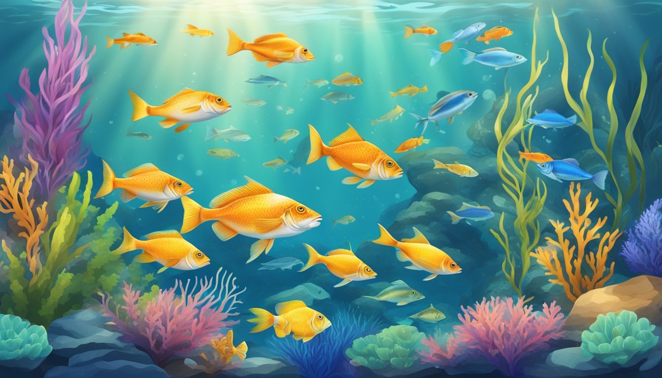 A variety of fish species swimming in clear water, surrounded by colorful underwater plants and rocks