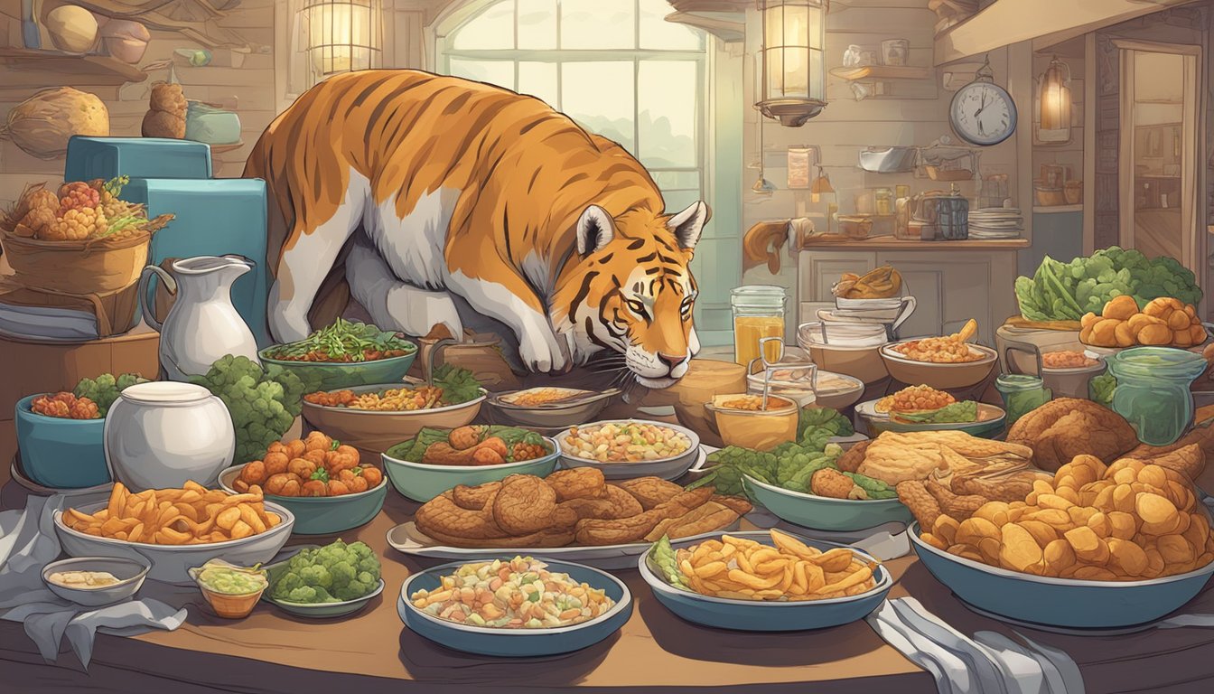 A carnivore struggles with hunger pangs while fasting, surrounded by tempting food