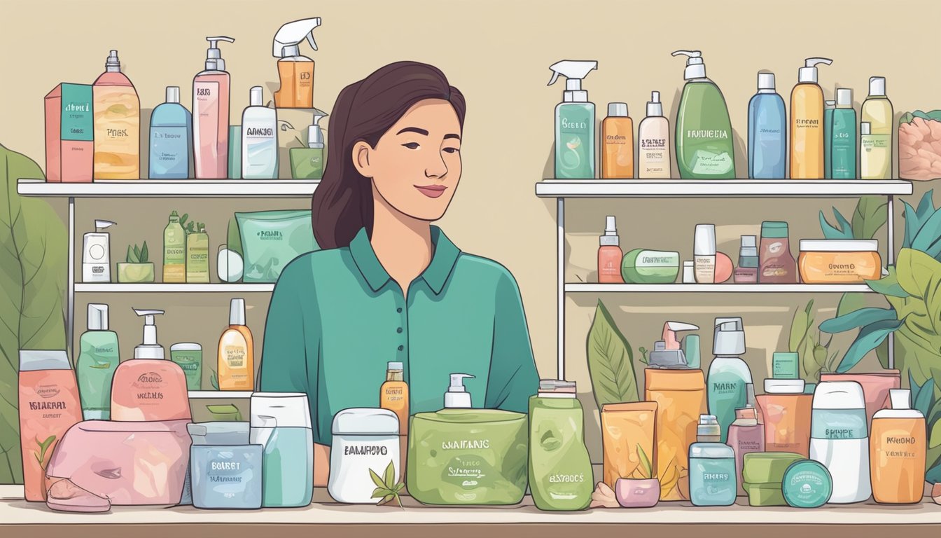 A carnivore enthusiast surrounded by natural personal care products, such as shampoo, soap, and toothpaste, all labeled as non-toxic