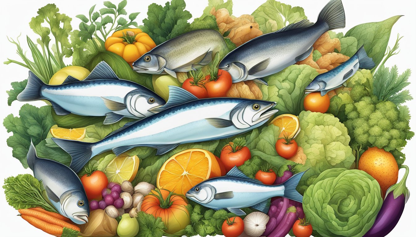 A variety of fish species surrounded by vegetables and fruits, with a prominent carnivorous animal in the background