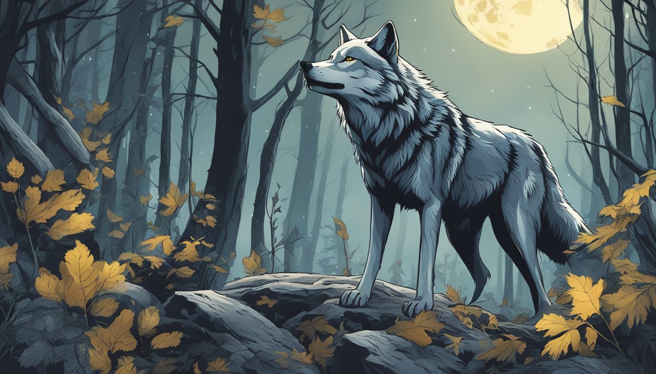 A wolf howls in a moonlit forest, surrounded by bones and fresh kill