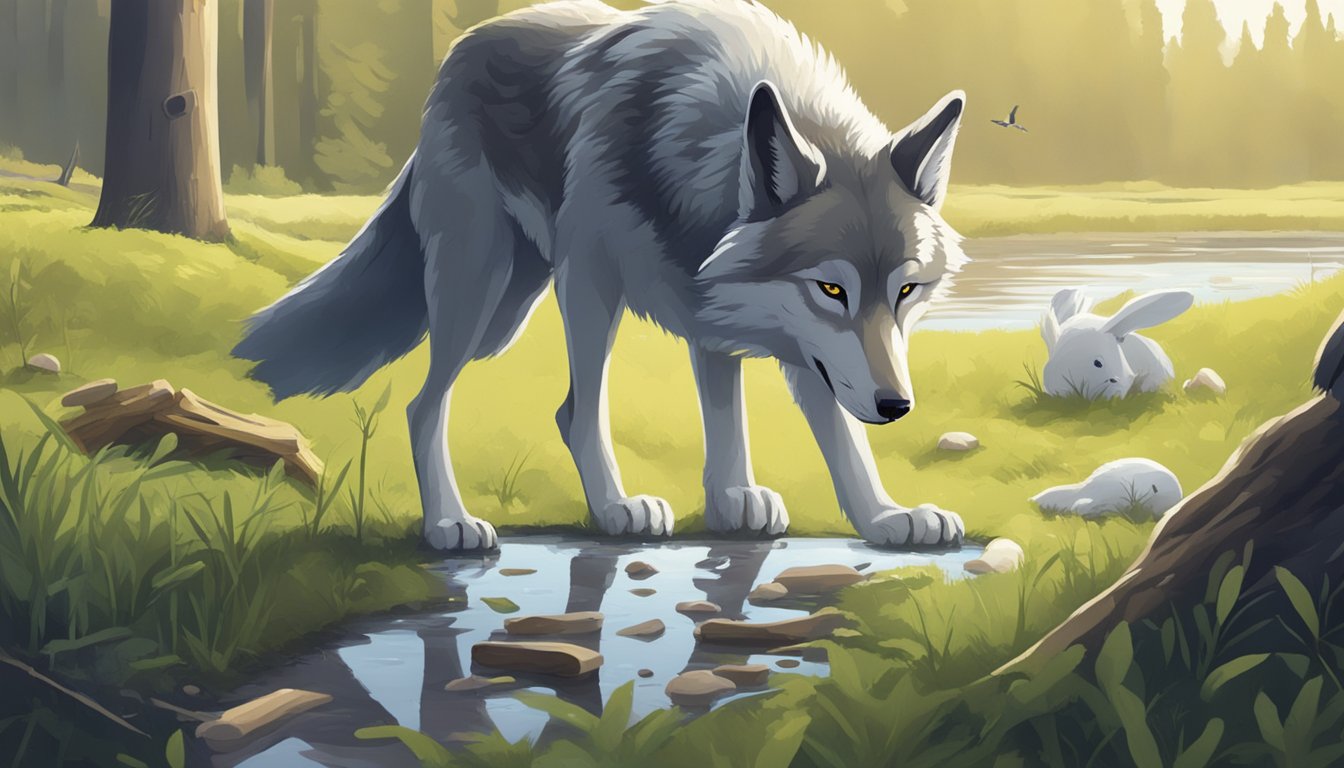 A wolf sniffs at a foamy puddle of urine next to a pile of bones, while a rabbit grazes on greenery in the distance