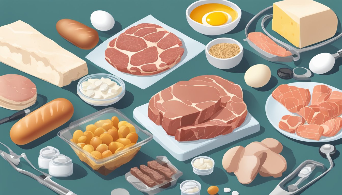 A carnivore diet with various meats, eggs, and dairy products laid out on a table, surrounded by medical equipment and heart palpitation medication