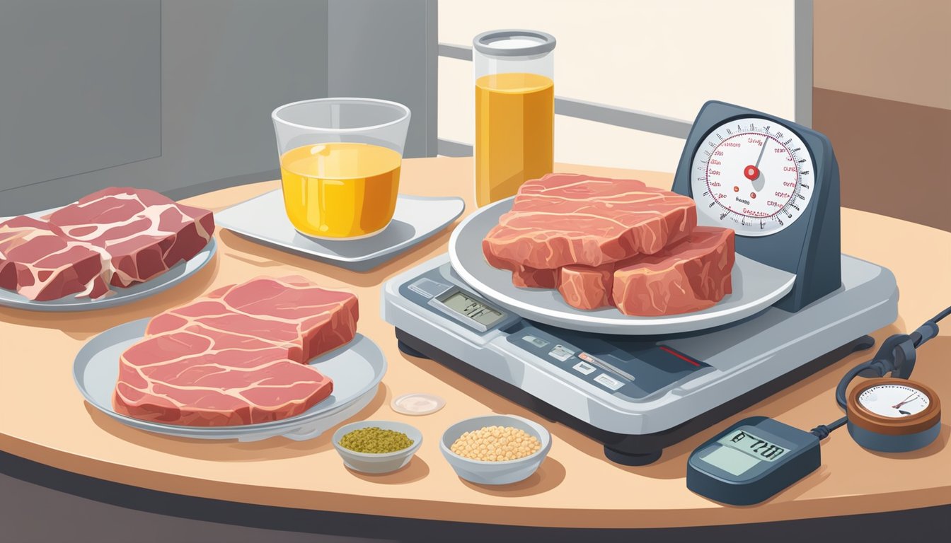 A foamy urine sample sits next to a plate of raw meat and bones, with a blood pressure monitor and food scale nearby