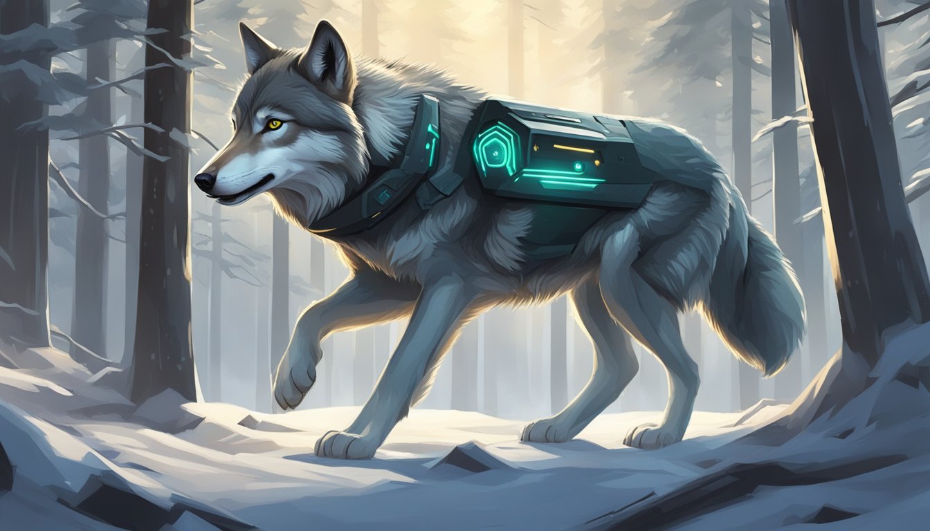 A wolf prowls through a dense forest, its powerful heart palpitations monitored by a futuristic device attached to its collar