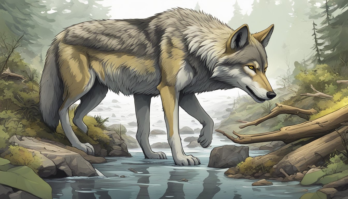 A wolf-like creature drinks from a stream, its urine foamy. Surrounding it are scattered bones and remnants of a carnivorous diet