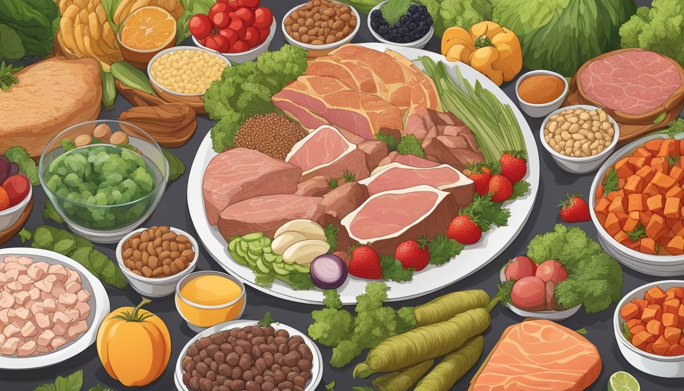 A plate filled with various meats and animal products, surrounded by vegetables and fruits, with a visible absence of grains, legumes, and processed foods