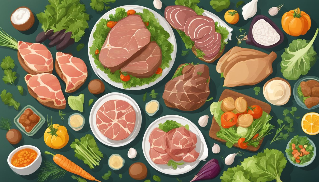 A plate with various meats and animal products, surrounded by leafy greens and non-starchy vegetables