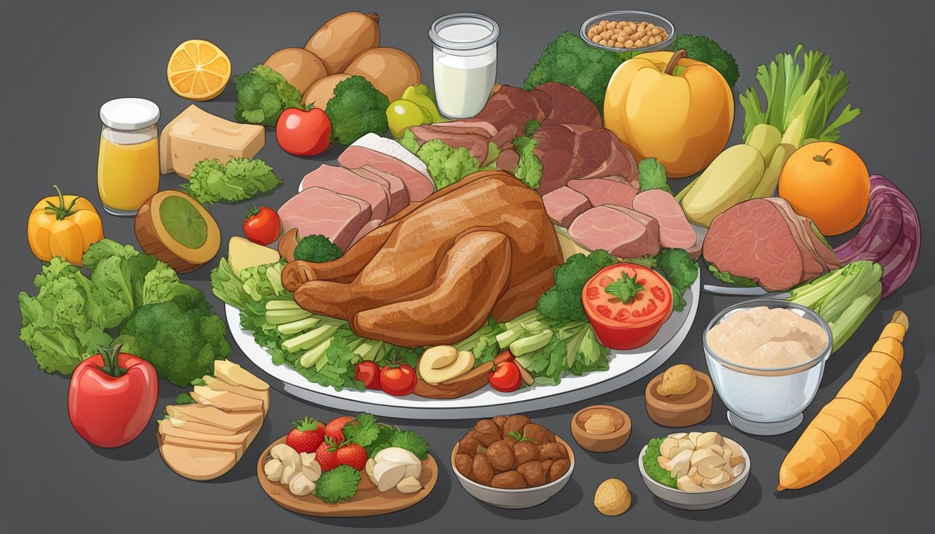 A plate with various meats and animal products, surrounded by vegetables and fruits, with a calculator showing the carb count