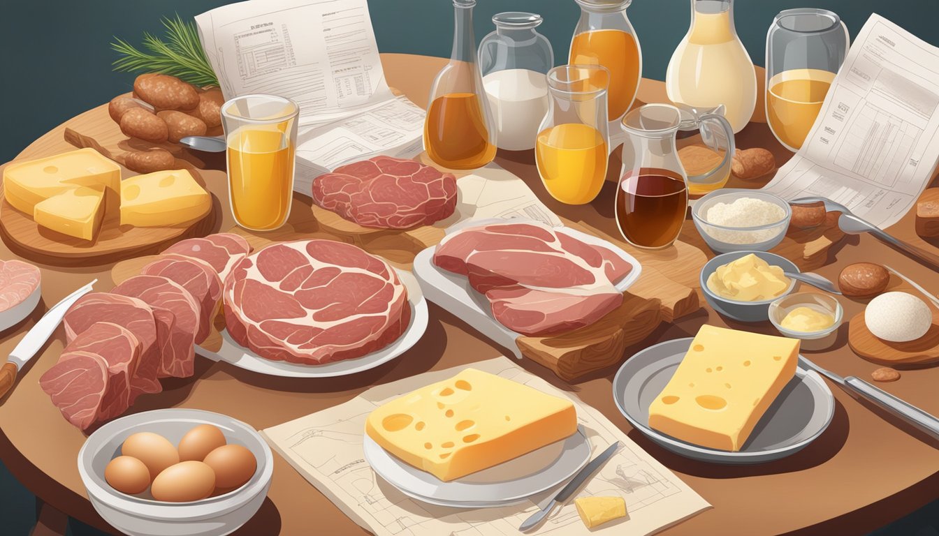 A table with various types of meat, eggs, and cheese, surrounded by scientific research papers and nutritional charts