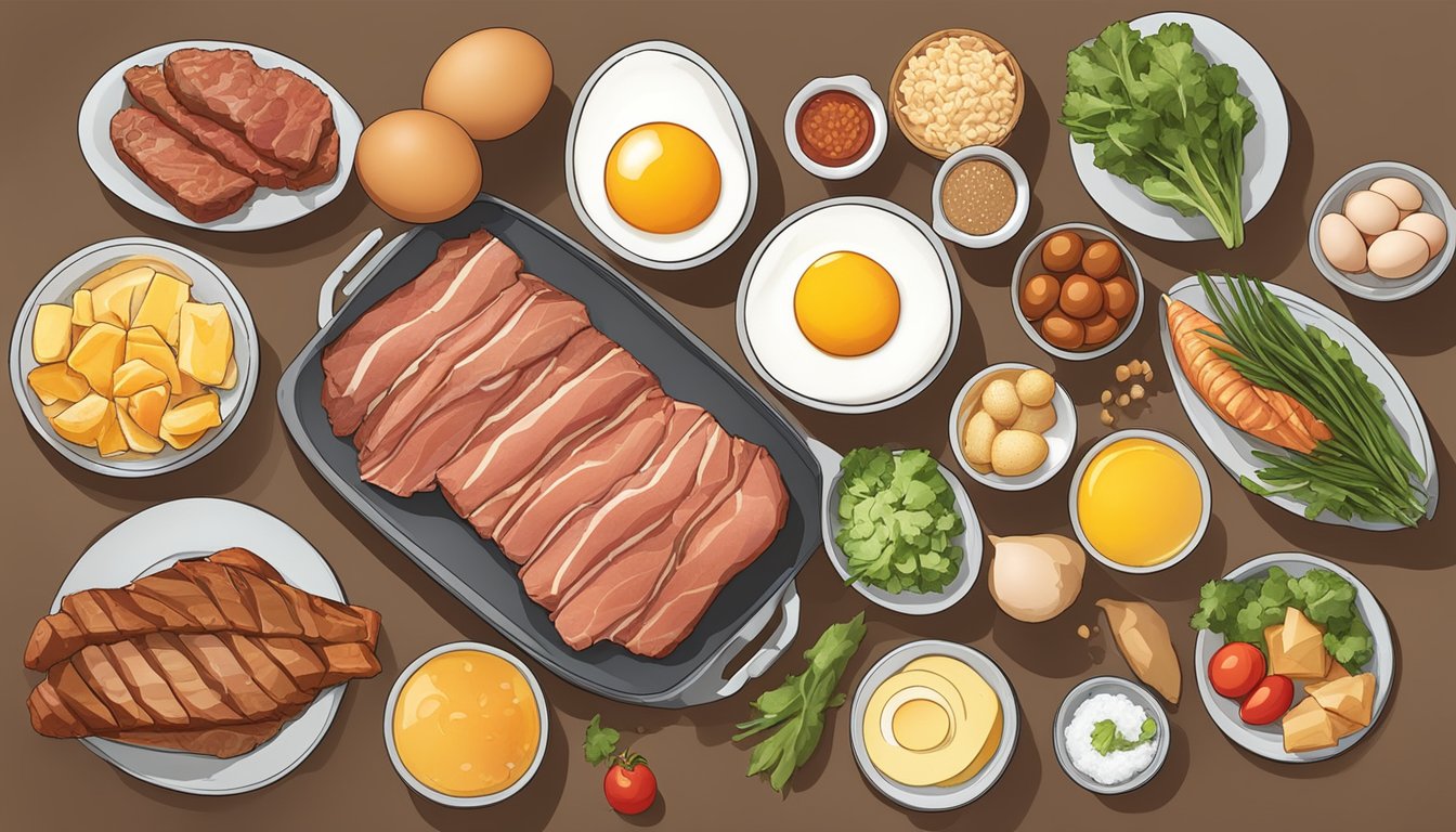 A variety of food items including meat, fish, and eggs arranged on a table, with a focus on their low carbohydrate content