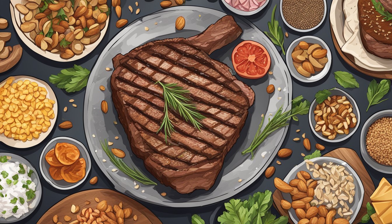 A steak sizzling on a hot grill, surrounded by a variety of meat cuts and a plate of magnesium-rich foods like nuts and seeds