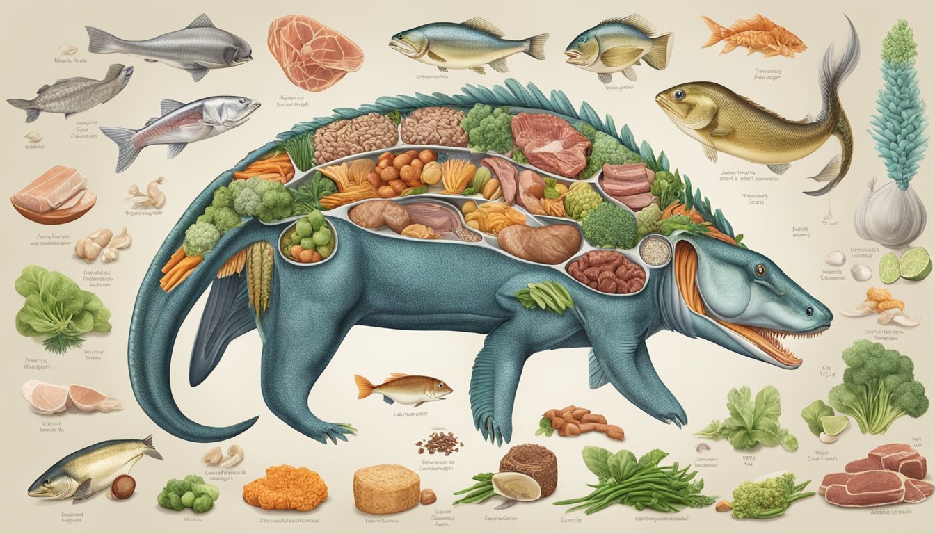 A carnivorous animal surrounded by various sources of magnesium, such as meat, fish, and bones, with 56 molecules of magnesium highlighted to emphasize their importance in fueling the animal's metabolism