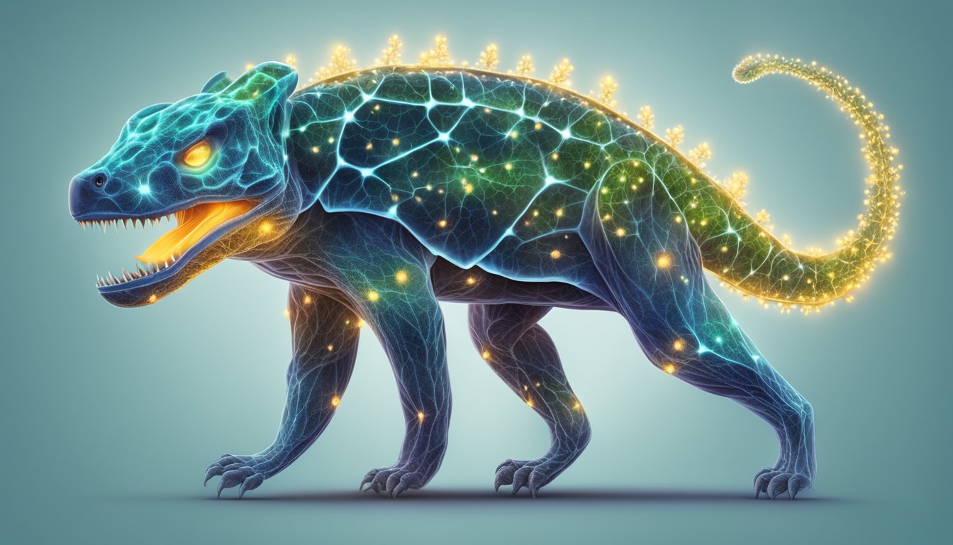 A carnivorous animal surrounded by 56 glowing magnesium molecules, showcasing the fueling of its metabolism for physical performance