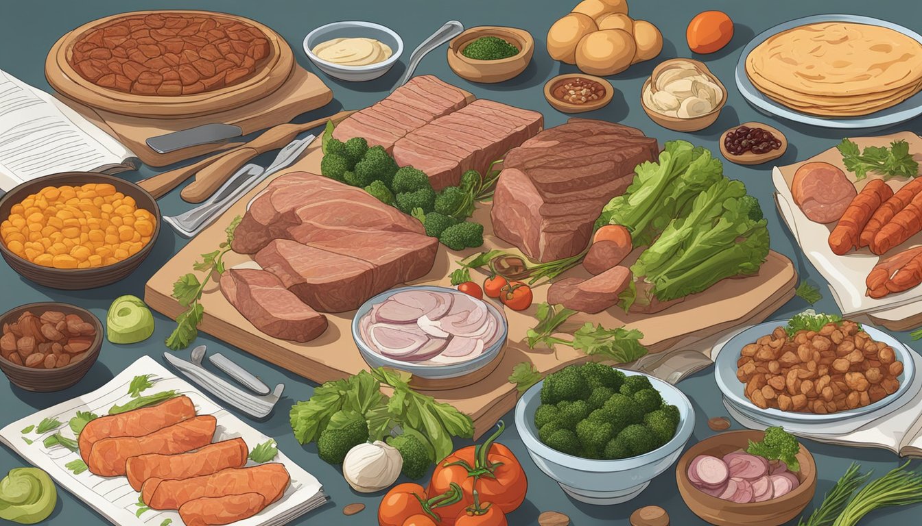 A table spread with various meats and vegetables, surrounded by recipe books and cooking utensils