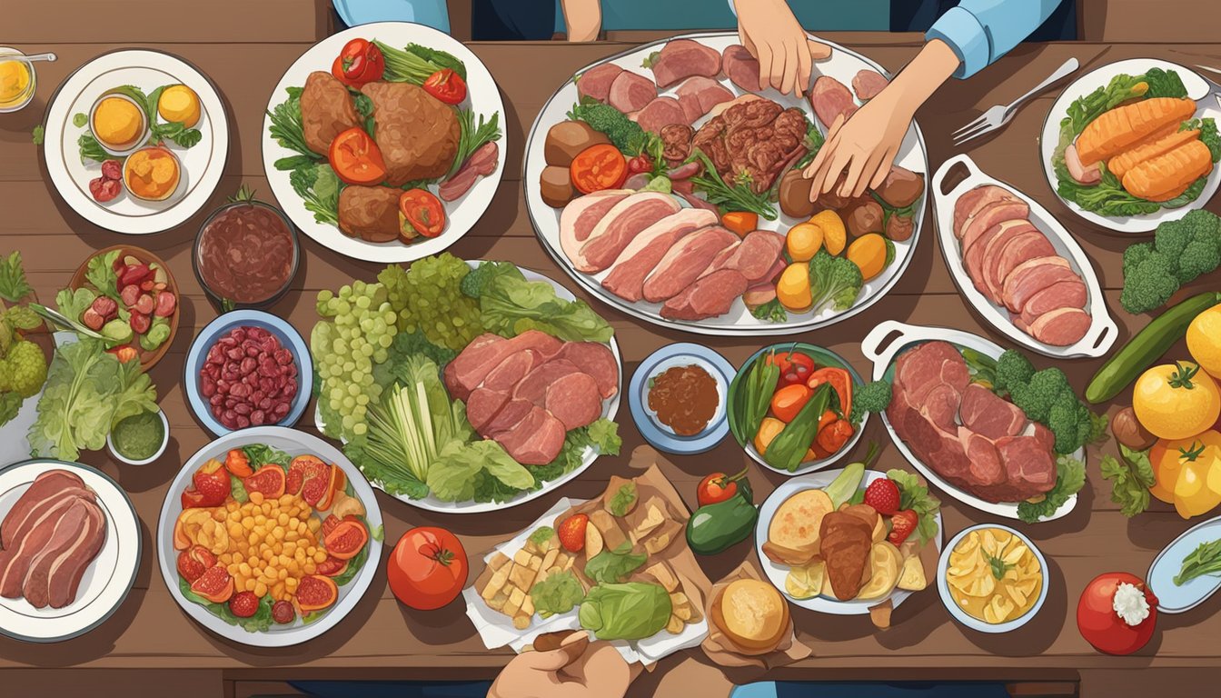 A table spread with various meats, vegetables, and fruits, with a person's plate filled with meat and a content expression