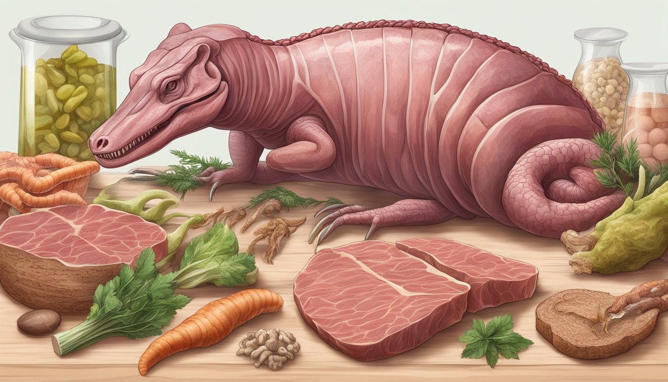 A carnivorous animal's digestive tract healing over time with a variety of meat and bone in the background