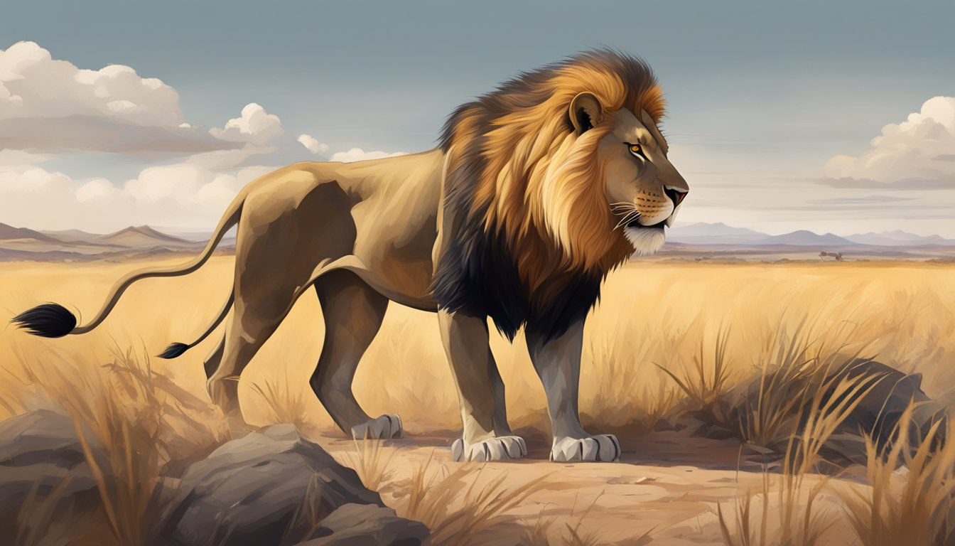 A ferocious lion feasting on a freshly caught wildebeest, surrounded by a barren savannah landscape