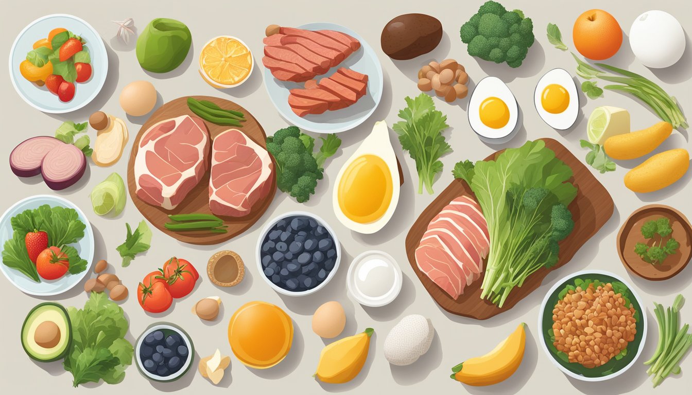 A diverse array of whole, nutrient-dense foods, including various types of meat, fish, and eggs, as well as some low-carb fruits and vegetables, all arranged on a clean, minimalist table