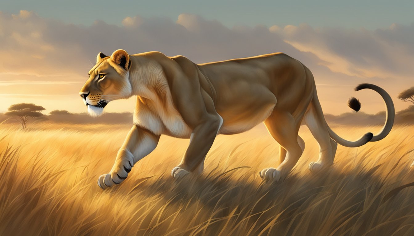 A lioness prowls through the savanna, her sleek muscles rippling as she hunts for prey. The sun sets, casting a warm glow over the grasslands