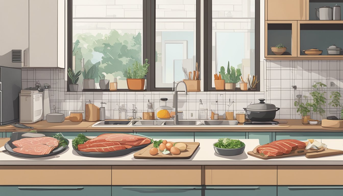 A variety of raw meats, fish, and eggs arranged on a clean, minimalist kitchen counter. A calendar with a few weeks crossed off hangs on the wall