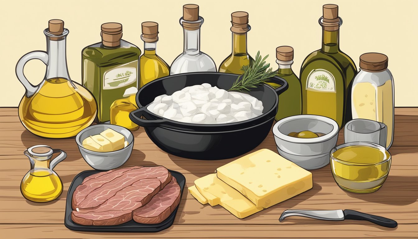 A kitchen scene with various cooking oils and fats (e.g. olive oil, butter, lard) arranged on a countertop, with a skillet and raw meat nearby