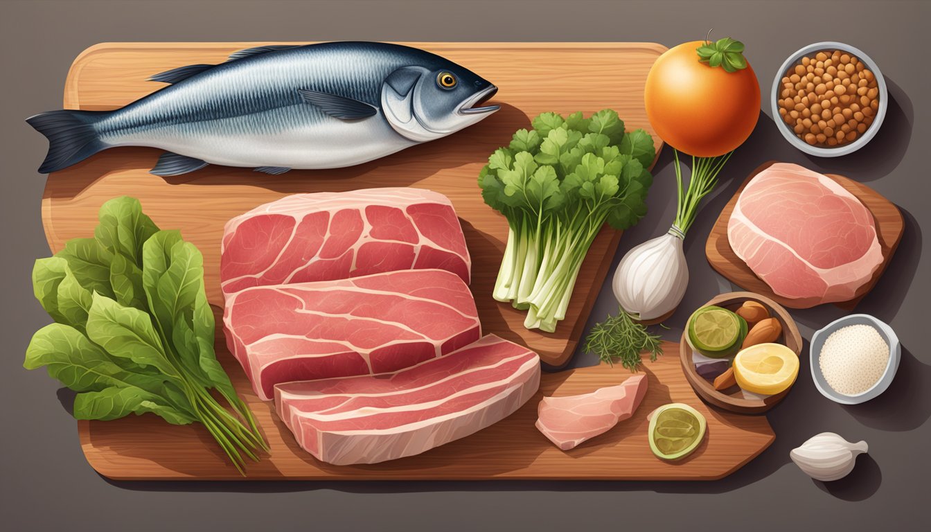 A variety of magnesium-rich foods like beef, pork, and fish laid out on a wooden cutting board