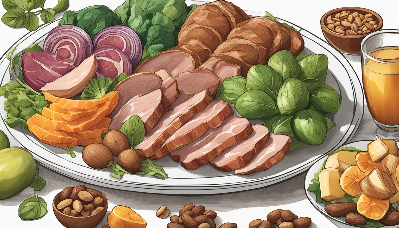 A plate of assorted meats with a variety of vegetables and fruits, with a focus on magnesium-rich foods like spinach, nuts, and seeds