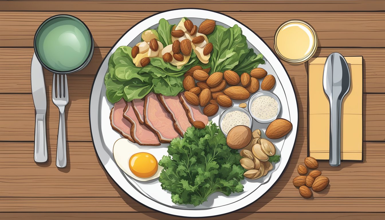 A carnivore diet plate with various meats, eggs, and non-dairy sources of nutrition such as leafy greens and nuts, with a glass of water