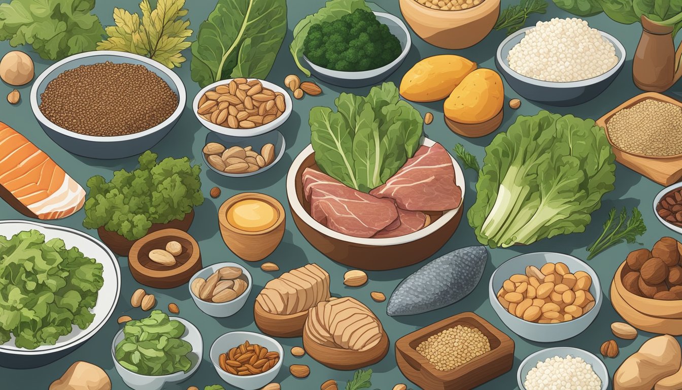 A variety of foods, including meat, fish, and leafy greens, are spread out on a table. A bowl of magnesium-rich nuts and seeds is also present