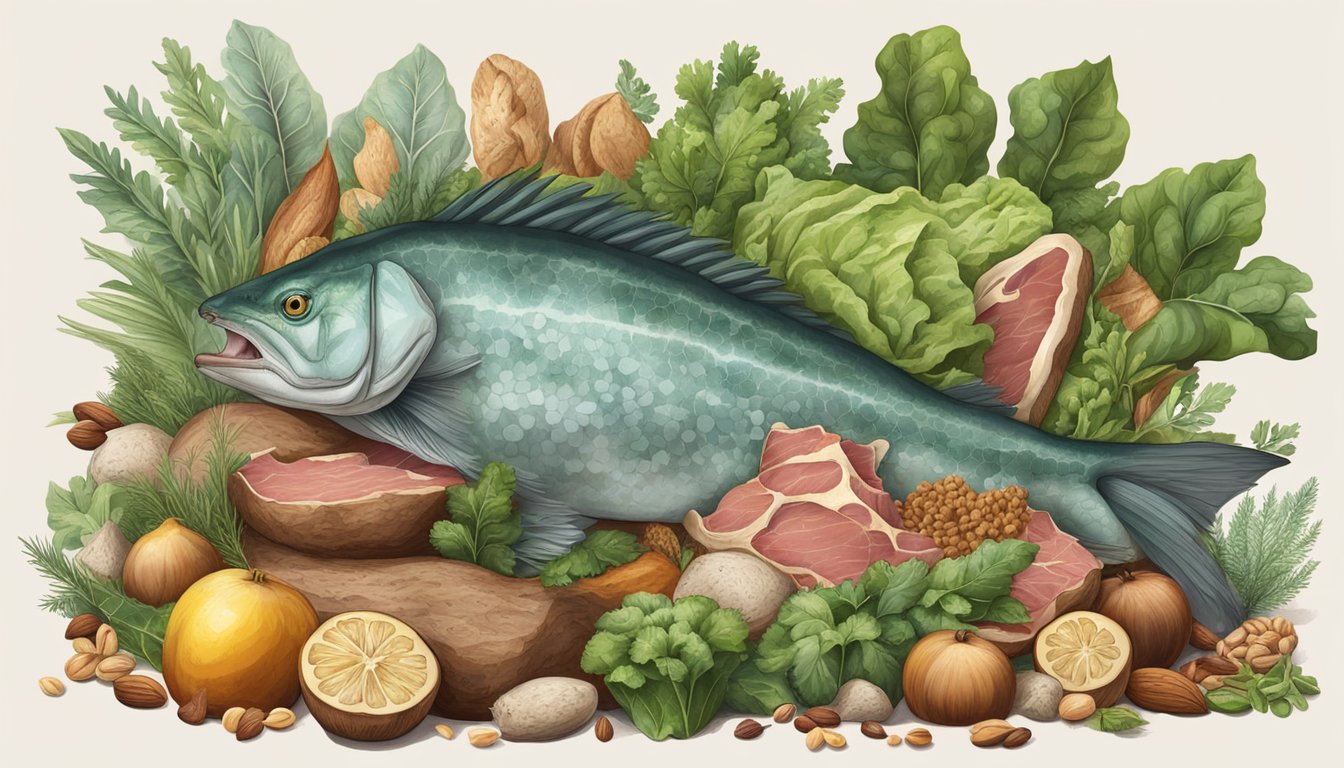 A carnivorous animal with a pile of meat and bones, surrounded by various sources of magnesium such as nuts, seeds, and leafy greens