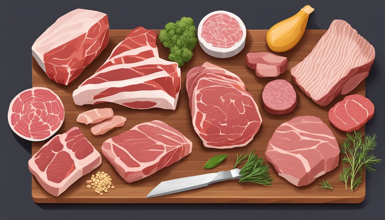 A variety of raw meat cuts displayed on a butcher's block, including beef, chicken, and pork, with labels indicating their respective health benefits for a carnivore diet