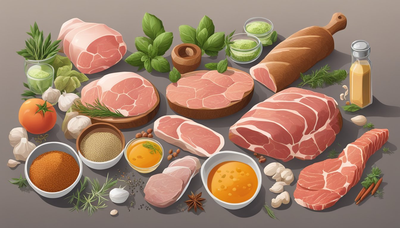 A variety of fresh meats and animal-based fats arranged next to a selection of herbs, spices, and other flavorings in a well-organized kitchen setting