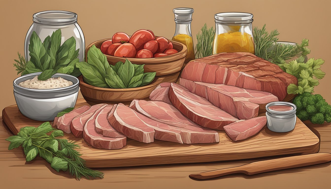 A variety of fresh meats, herbs, and spices arranged on a wooden cutting board, ready to be used in creating a carnivore diet friendly condiment collection