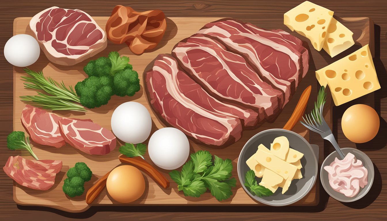 A variety of meats, such as steak, bacon, and chicken, are arranged on a wooden cutting board alongside eggs and cheese