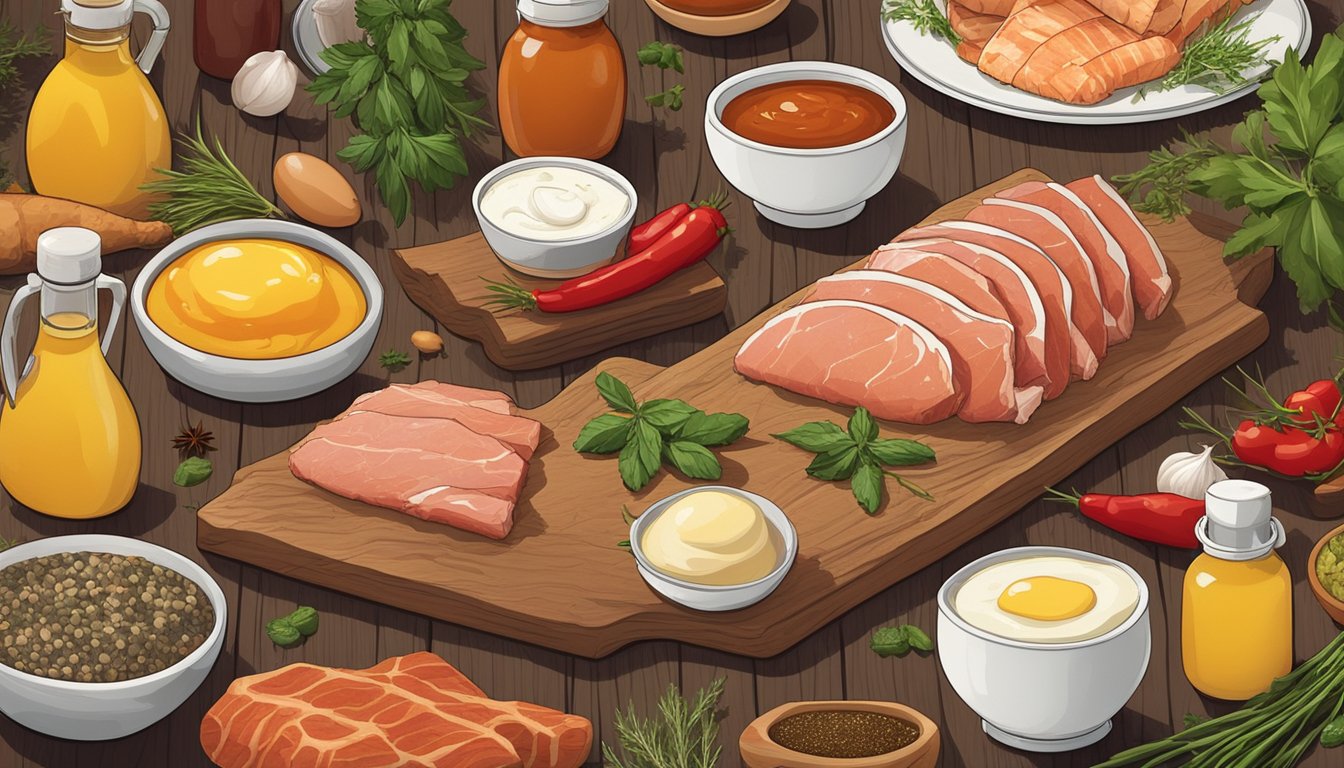 A variety of fresh meats, eggs, and fish surrounded by an assortment of herbs, spices, and vinegars. A selection of homemade condiments like mustard, hot sauce, and mayonnaise displayed on a wooden table