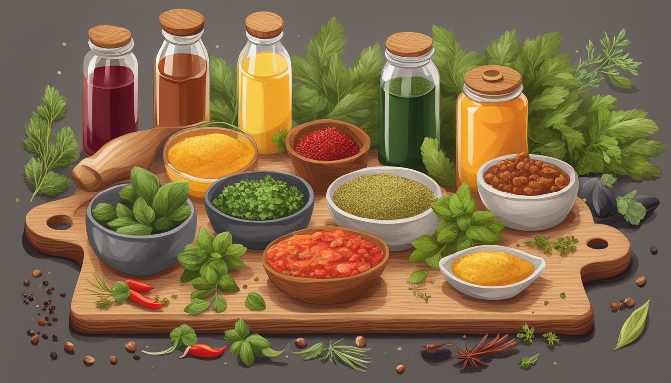 A variety of carnivore-friendly condiments arranged on a wooden cutting board with fresh herbs and spices scattered around