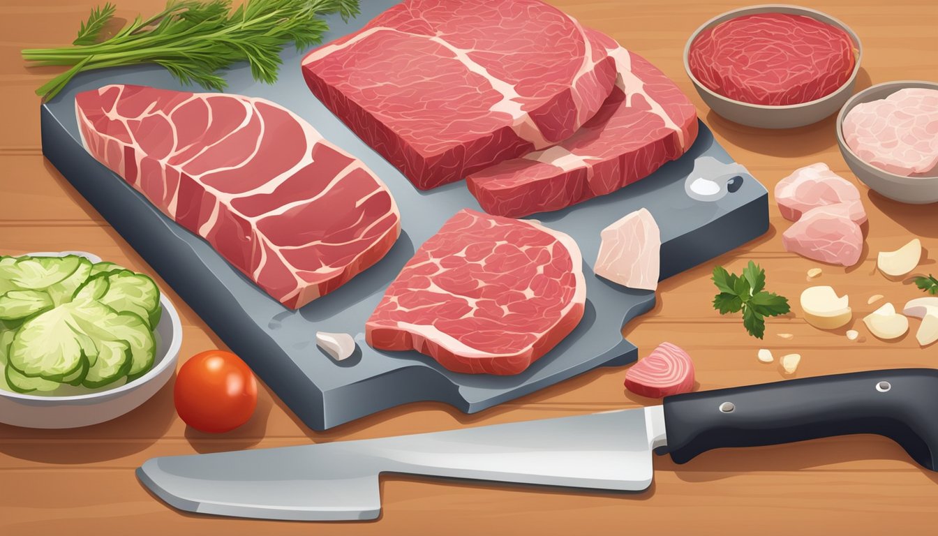 A kitchen counter with various cuts of raw meat, a cutting board, and cooking utensils